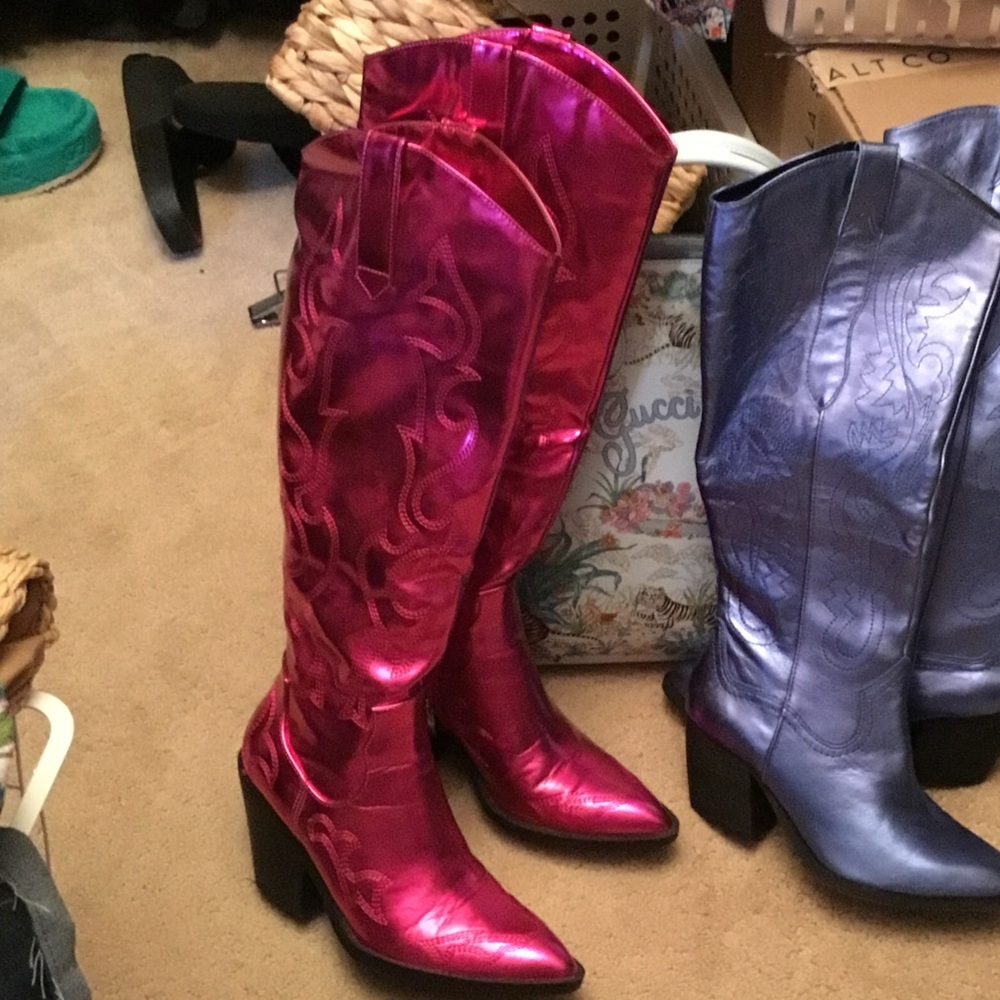 Tall Knee High Hot Pink Metallic Cowboy Boots